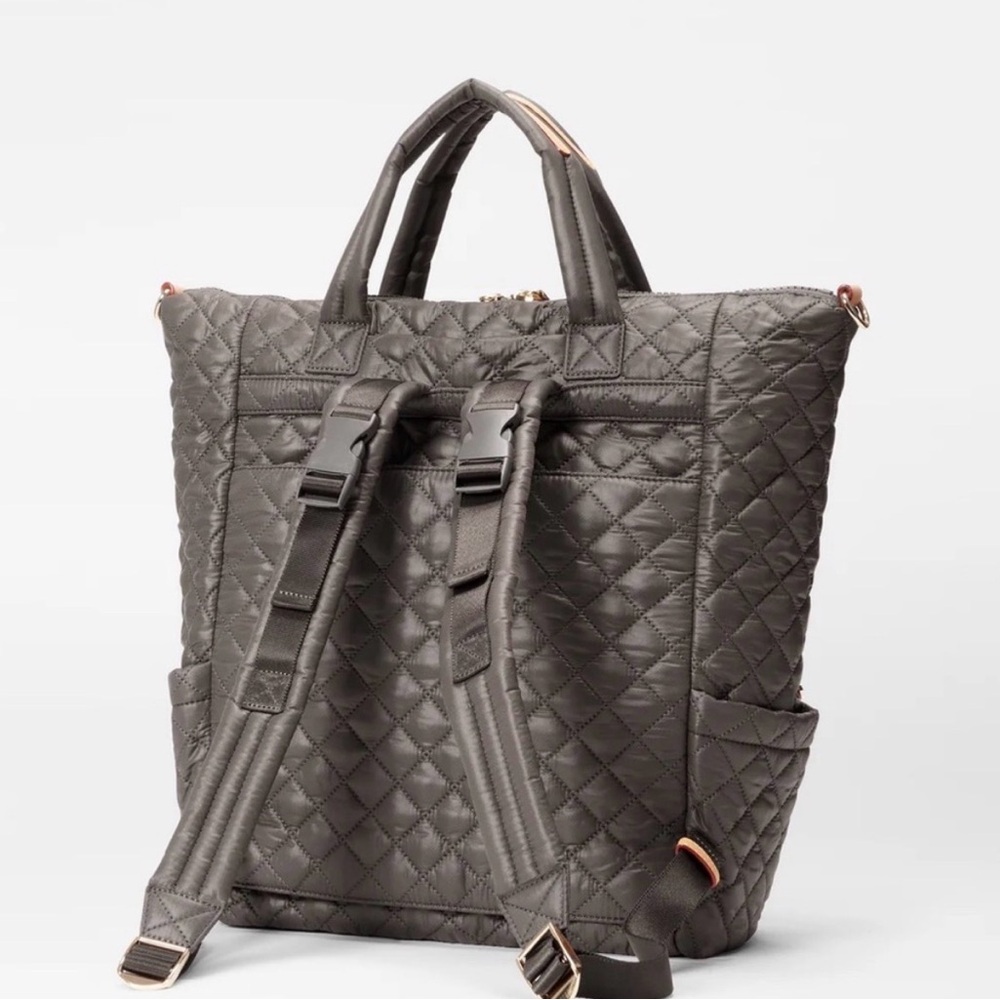 MZ Wallace Quilted Taupe Backpack with Brown Strap and Colorful Pouch - Picture 5 of 14